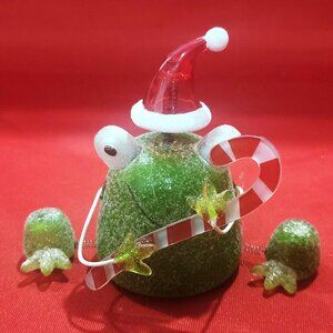 Christmas Glass Frog Froggie Santa Hat Candy Cane